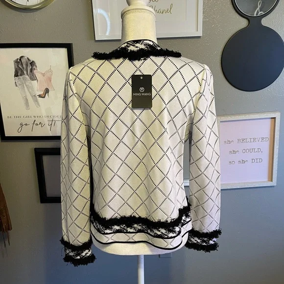 Ming Wang Black and White Diamond Patterned Fringe Jacket S - Picture 3 of 10